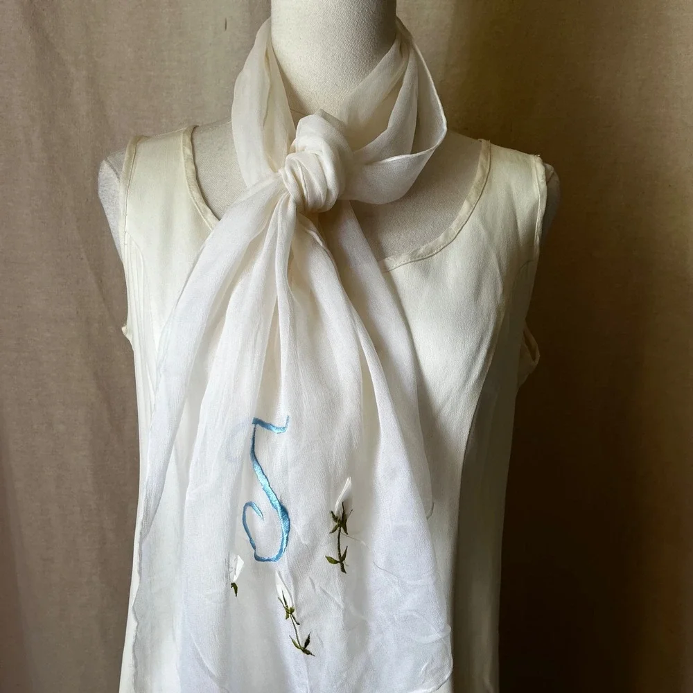 Vintage Bridal Scarf White Sheer Rayon Floral Embroidered Japan‎ 15x50